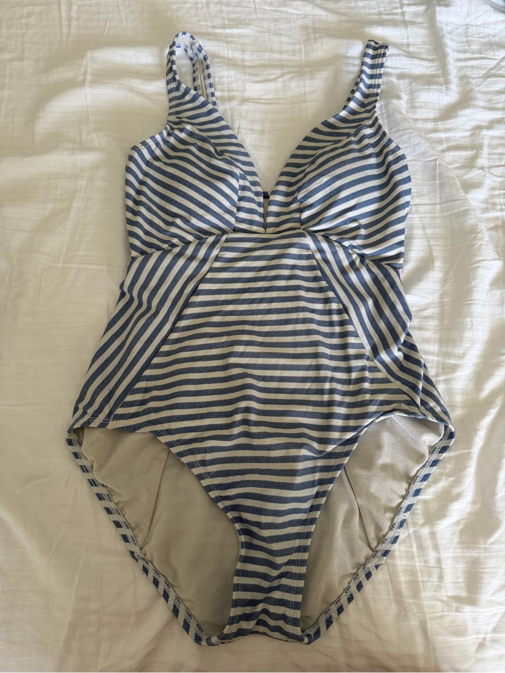 Time and Tru Beige and Navy Striped Swim Top